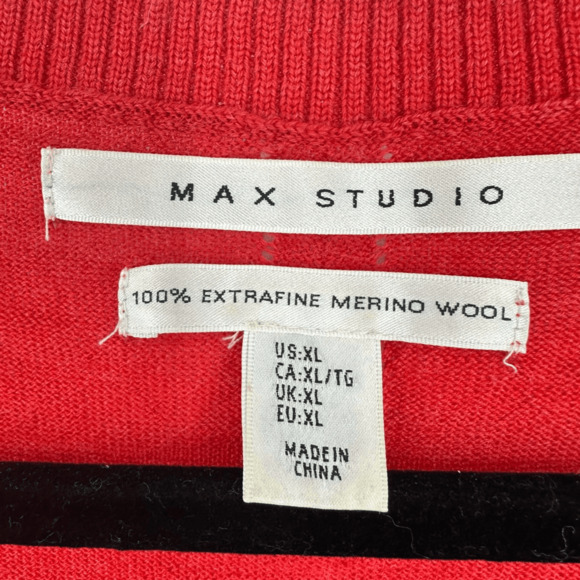 Max Studio Womens XL Red Sweater Round Neck Merino Wool Relaxed Fit Classic - Picture 3 of 9